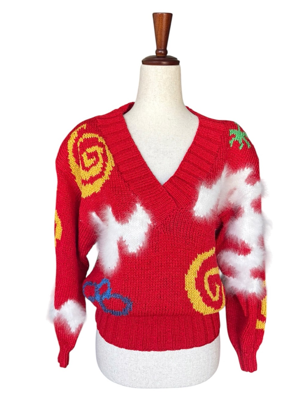 Vintage 80s Sheila Raymond Red Graphic V-Neck Angora Sweater Fun Bright New Wave